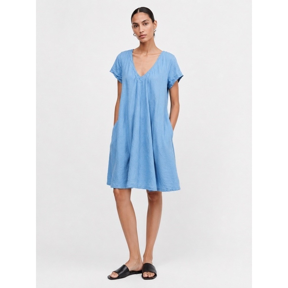 My Lili Linen Dress Womens OS Blue Linen V-Neck Flowy Italy Shift Pockets